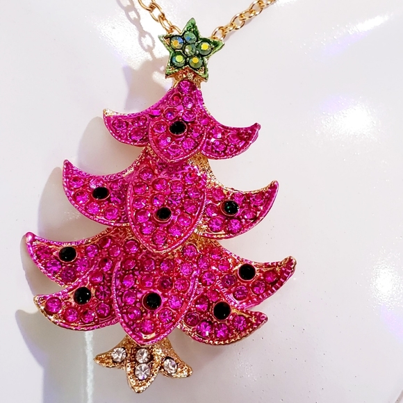 Gold-plated pink and green crystal Christmas tree necklace/broach - Picture 8 of 11